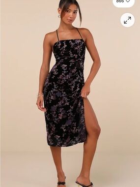 Lulu's Black Velvet Floral Midi Slip Dress with Purple Accents